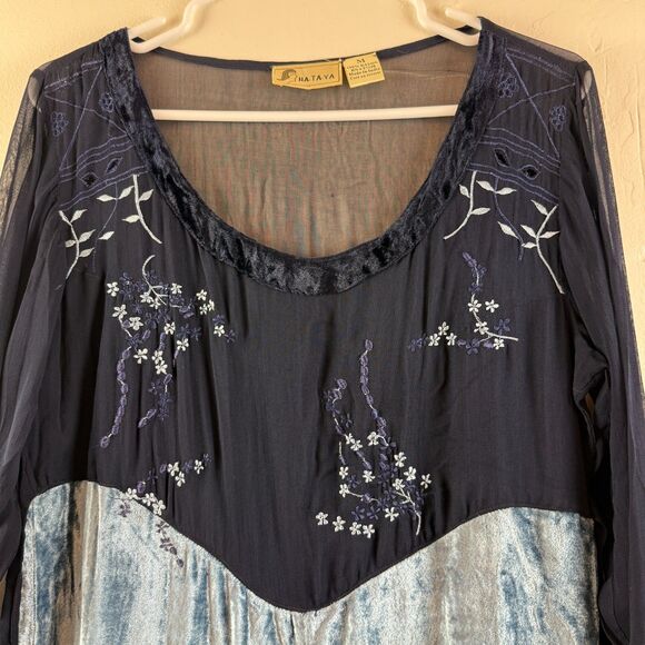 Vintage Nataya Na-Ta-Ya Maxi Dress Blue Forest Fairy Renaissance Embroidered M - Picture 6 of 14